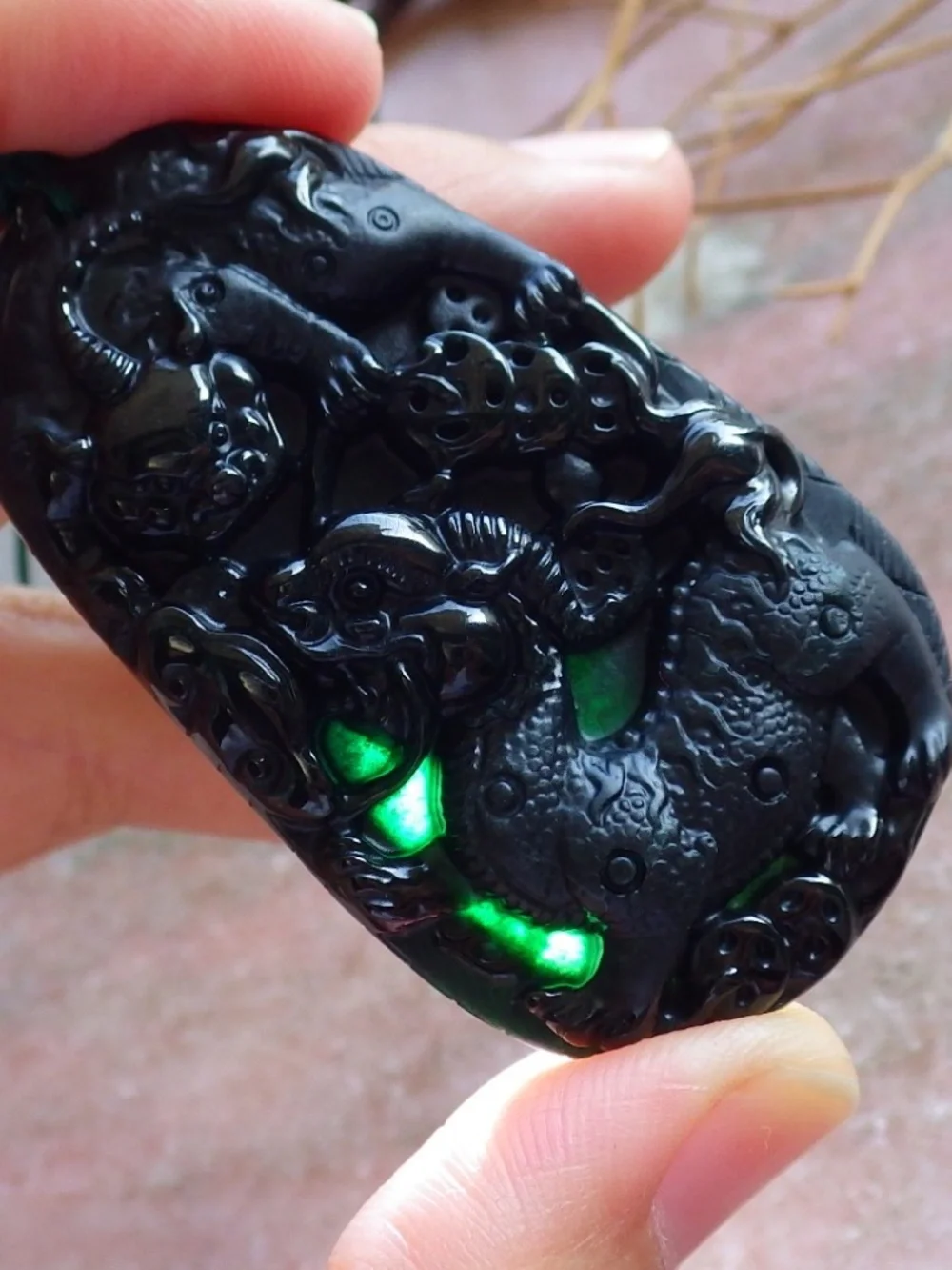 Certified Dark Green Black Burma A Jade Jadeite Dragon Beads Pendant Necklace